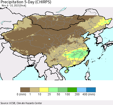 China, Mongolia and Taiwan Precipitation 5-Day (CHIRPS) Thematic Map For 11/6/2023 - 11/10/2023