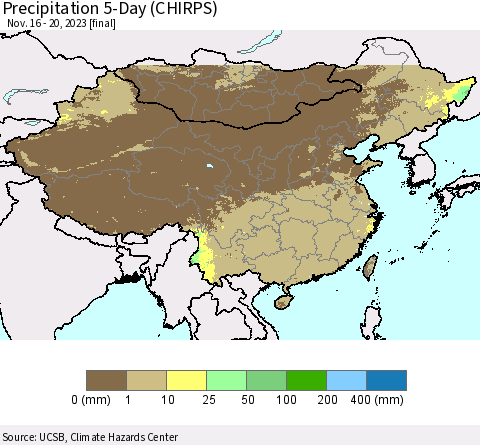 China, Mongolia and Taiwan Precipitation 5-Day (CHIRPS) Thematic Map For 11/16/2023 - 11/20/2023