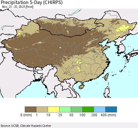 China, Mongolia and Taiwan Precipitation 5-Day (CHIRPS) Thematic Map For 11/21/2023 - 11/25/2023