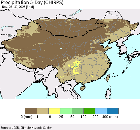 China, Mongolia and Taiwan Precipitation 5-Day (CHIRPS) Thematic Map For 11/26/2023 - 11/30/2023