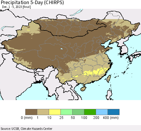 China, Mongolia and Taiwan Precipitation 5-Day (CHIRPS) Thematic Map For 12/1/2023 - 12/5/2023
