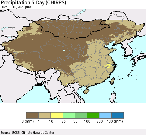 China, Mongolia and Taiwan Precipitation 5-Day (CHIRPS) Thematic Map For 12/6/2023 - 12/10/2023
