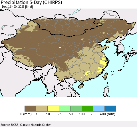 China, Mongolia and Taiwan Precipitation 5-Day (CHIRPS) Thematic Map For 12/16/2023 - 12/20/2023