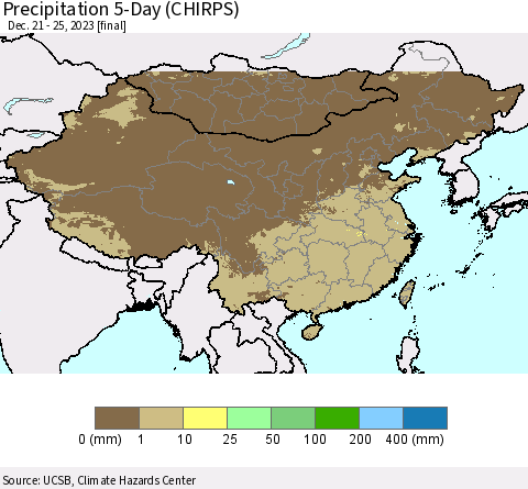 China, Mongolia and Taiwan Precipitation 5-Day (CHIRPS) Thematic Map For 12/21/2023 - 12/25/2023