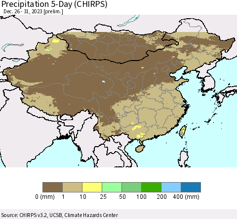 China, Mongolia and Taiwan Precipitation 5-Day (CHIRPS) Thematic Map For 12/26/2023 - 12/31/2023