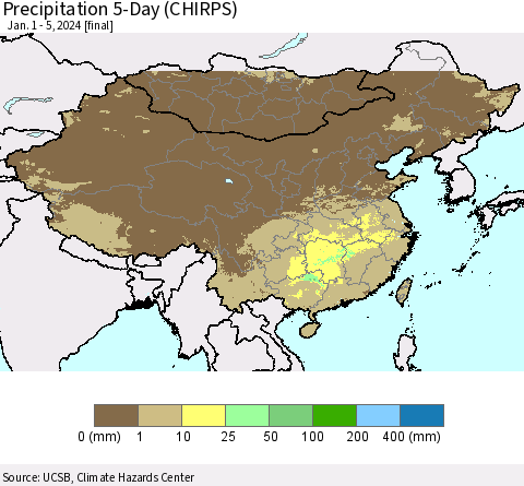 China, Mongolia and Taiwan Precipitation 5-Day (CHIRPS) Thematic Map For 1/1/2024 - 1/5/2024