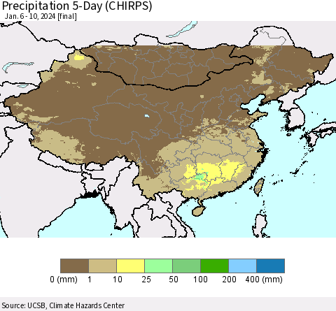 China, Mongolia and Taiwan Precipitation 5-Day (CHIRPS) Thematic Map For 1/6/2024 - 1/10/2024
