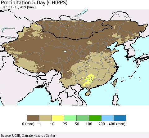 China, Mongolia and Taiwan Precipitation 5-Day (CHIRPS) Thematic Map For 1/11/2024 - 1/15/2024