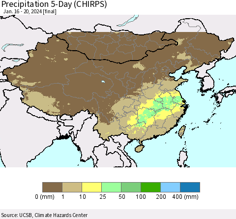 China, Mongolia and Taiwan Precipitation 5-Day (CHIRPS) Thematic Map For 1/16/2024 - 1/20/2024