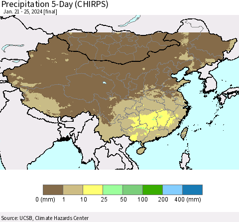 China, Mongolia and Taiwan Precipitation 5-Day (CHIRPS) Thematic Map For 1/21/2024 - 1/25/2024