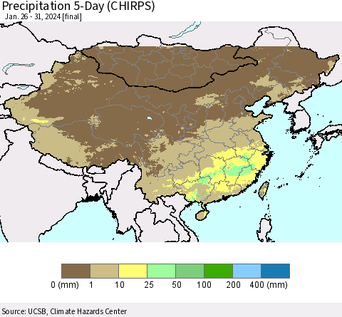 China, Mongolia and Taiwan Precipitation 5-Day (CHIRPS) Thematic Map For 1/26/2024 - 1/31/2024