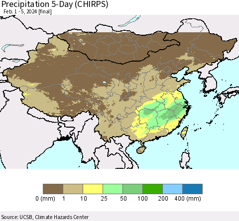 China, Mongolia and Taiwan Precipitation 5-Day (CHIRPS) Thematic Map For 2/1/2024 - 2/5/2024