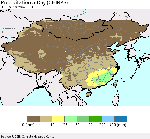 China, Mongolia and Taiwan Precipitation 5-Day (CHIRPS) Thematic Map For 2/6/2024 - 2/10/2024