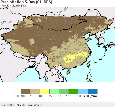 China, Mongolia and Taiwan Precipitation 5-Day (CHIRPS) Thematic Map For 2/11/2024 - 2/15/2024