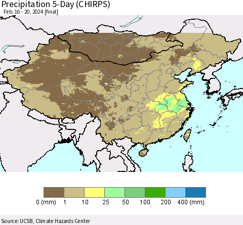 China, Mongolia and Taiwan Precipitation 5-Day (CHIRPS) Thematic Map For 2/16/2024 - 2/20/2024