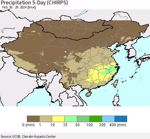 China, Mongolia and Taiwan Precipitation 5-Day (CHIRPS) Thematic Map For 2/26/2024 - 2/29/2024