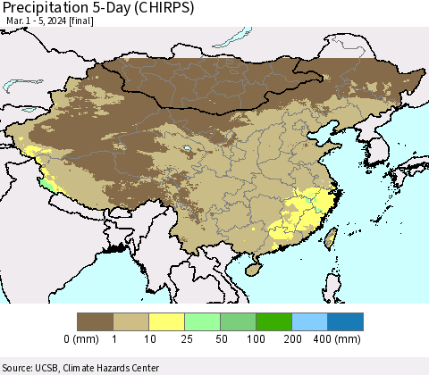 China, Mongolia and Taiwan Precipitation 5-Day (CHIRPS) Thematic Map For 3/1/2024 - 3/5/2024