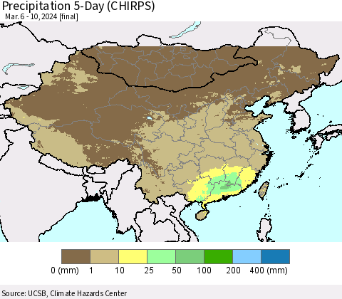 China, Mongolia and Taiwan Precipitation 5-Day (CHIRPS) Thematic Map For 3/6/2024 - 3/10/2024
