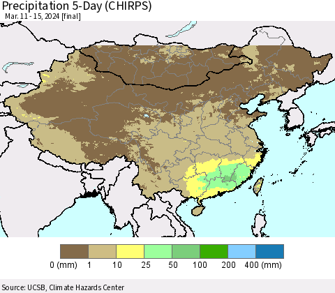China, Mongolia and Taiwan Precipitation 5-Day (CHIRPS) Thematic Map For 3/11/2024 - 3/15/2024