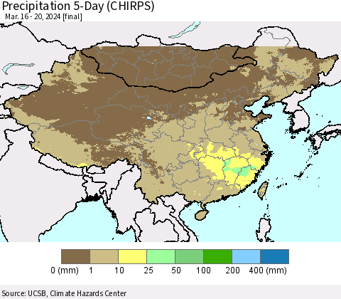 China, Mongolia and Taiwan Precipitation 5-Day (CHIRPS) Thematic Map For 3/16/2024 - 3/20/2024