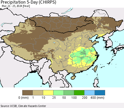 China, Mongolia and Taiwan Precipitation 5-Day (CHIRPS) Thematic Map For 3/21/2024 - 3/25/2024