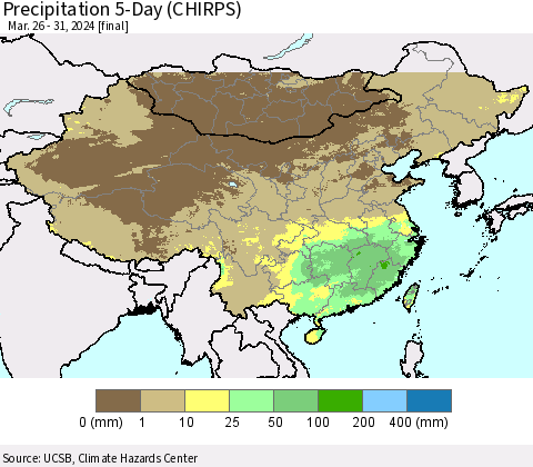 China, Mongolia and Taiwan Precipitation 5-Day (CHIRPS) Thematic Map For 3/26/2024 - 3/31/2024