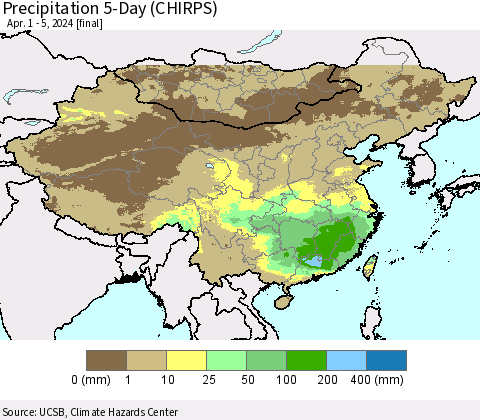 China, Mongolia and Taiwan Precipitation 5-Day (CHIRPS) Thematic Map For 4/1/2024 - 4/5/2024