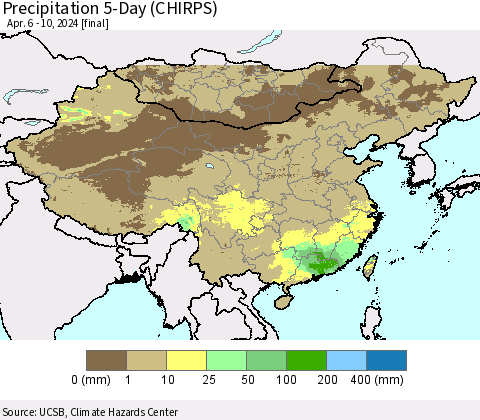 China, Mongolia and Taiwan Precipitation 5-Day (CHIRPS) Thematic Map For 4/6/2024 - 4/10/2024