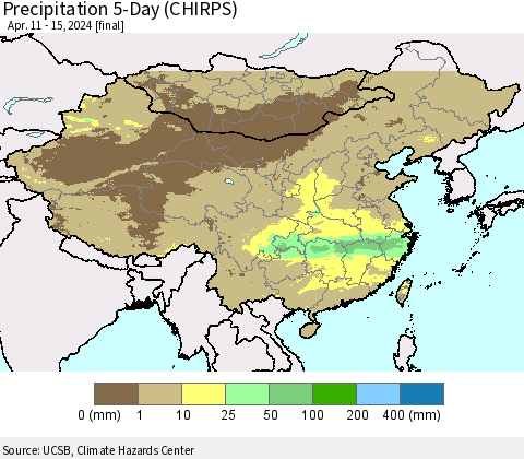 China, Mongolia and Taiwan Precipitation 5-Day (CHIRPS) Thematic Map For 4/11/2024 - 4/15/2024