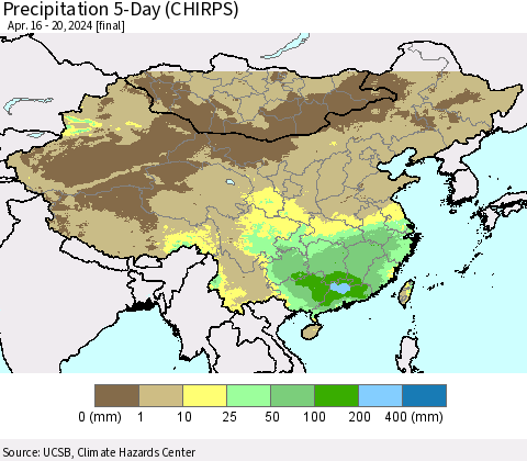 China, Mongolia and Taiwan Precipitation 5-Day (CHIRPS) Thematic Map For 4/16/2024 - 4/20/2024