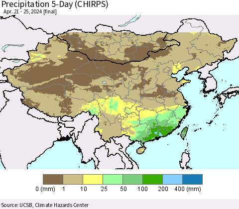 China, Mongolia and Taiwan Precipitation 5-Day (CHIRPS) Thematic Map For 4/21/2024 - 4/25/2024