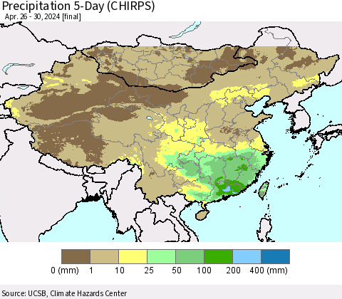 China, Mongolia and Taiwan Precipitation 5-Day (CHIRPS) Thematic Map For 4/26/2024 - 4/30/2024