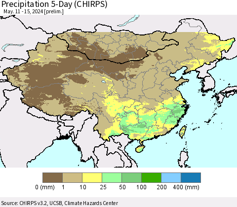China, Mongolia and Taiwan Precipitation 5-Day (CHIRPS) Thematic Map For 5/11/2024 - 5/15/2024