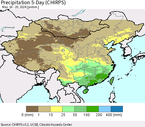 China, Mongolia and Taiwan Precipitation 5-Day (CHIRPS) Thematic Map For 5/16/2024 - 5/20/2024