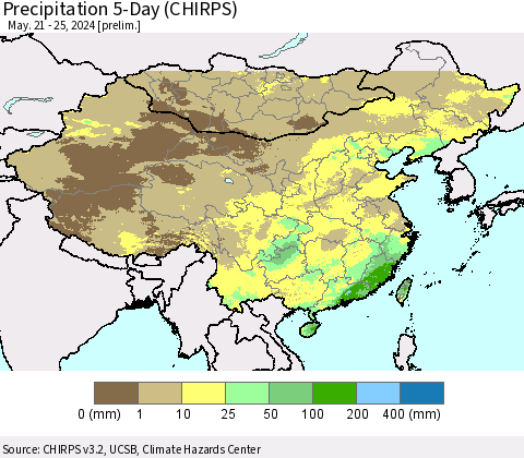 China, Mongolia and Taiwan Precipitation 5-Day (CHIRPS) Thematic Map For 5/21/2024 - 5/25/2024