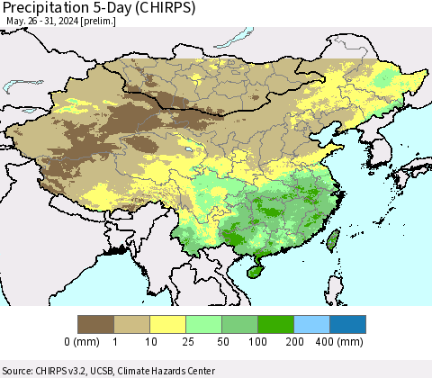 China, Mongolia and Taiwan Precipitation 5-Day (CHIRPS) Thematic Map For 5/26/2024 - 5/31/2024
