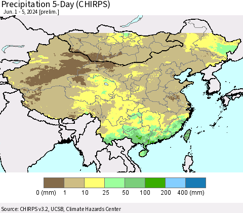 China, Mongolia and Taiwan Precipitation 5-Day (CHIRPS) Thematic Map For 6/1/2024 - 6/5/2024