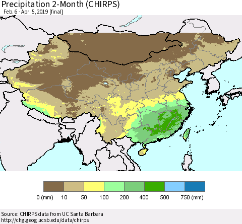 China and Taiwan Precipitation 2-Month (CHIRPS) Thematic Map For 2/6/2019 - 4/5/2019