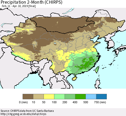 China, Mongolia and Taiwan Precipitation 2-Month (CHIRPS) Thematic Map For 2/11/2019 - 4/10/2019