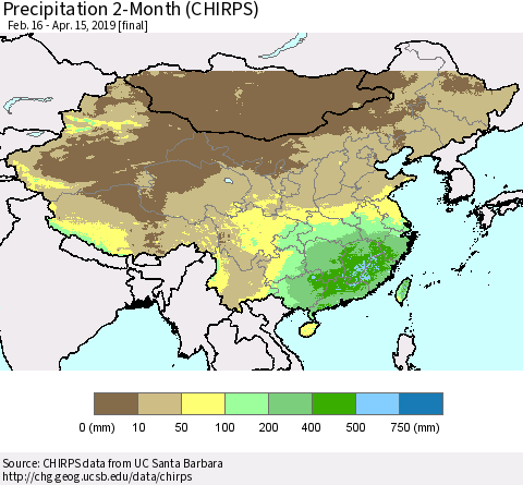 China and Taiwan Precipitation 2-Month (CHIRPS) Thematic Map For 2/16/2019 - 4/15/2019