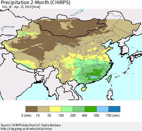 China and Taiwan Precipitation 2-Month (CHIRPS) Thematic Map For 2/26/2019 - 4/25/2019