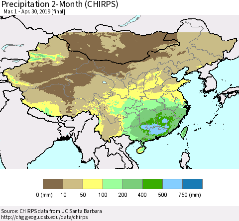 China, Mongolia and Taiwan Precipitation 2-Month (CHIRPS) Thematic Map For 3/1/2019 - 4/30/2019