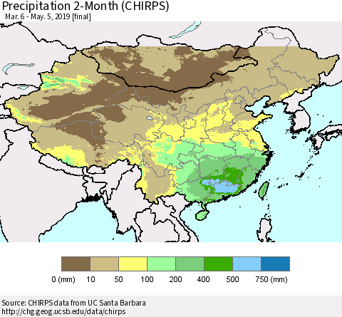 China and Taiwan Precipitation 2-Month (CHIRPS) Thematic Map For 3/6/2019 - 5/5/2019