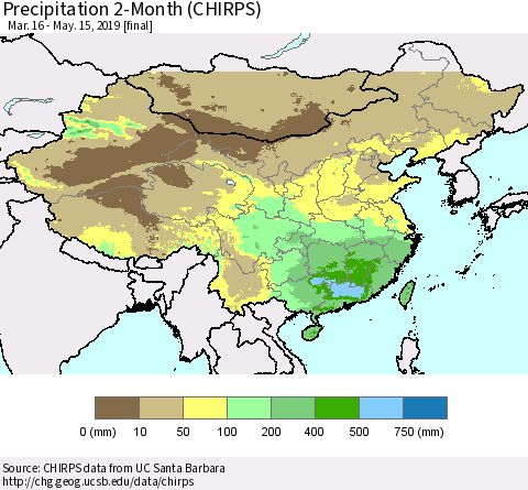 China and Taiwan Precipitation 2-Month (CHIRPS) Thematic Map For 3/16/2019 - 5/15/2019