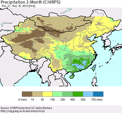 China and Taiwan Precipitation 2-Month (CHIRPS) Thematic Map For 3/21/2019 - 5/20/2019