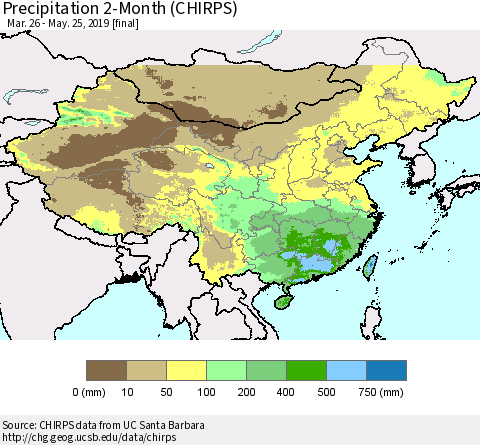 China, Mongolia and Taiwan Precipitation 2-Month (CHIRPS) Thematic Map For 3/26/2019 - 5/25/2019