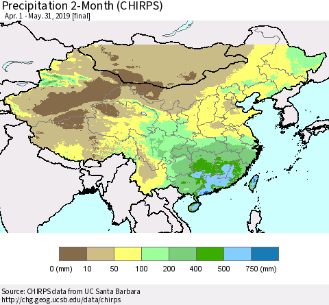 China, Mongolia and Taiwan Precipitation 2-Month (CHIRPS) Thematic Map For 4/1/2019 - 5/31/2019