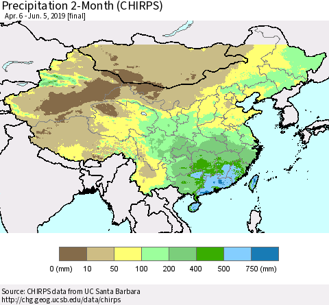 China and Taiwan Precipitation 2-Month (CHIRPS) Thematic Map For 4/6/2019 - 6/5/2019