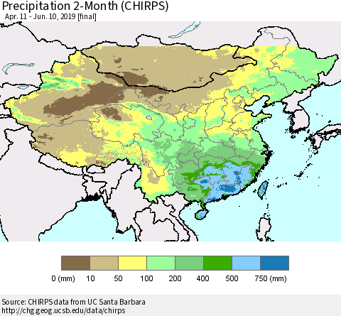 China and Taiwan Precipitation 2-Month (CHIRPS) Thematic Map For 4/11/2019 - 6/10/2019