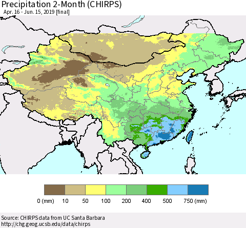 China and Taiwan Precipitation 2-Month (CHIRPS) Thematic Map For 4/16/2019 - 6/15/2019